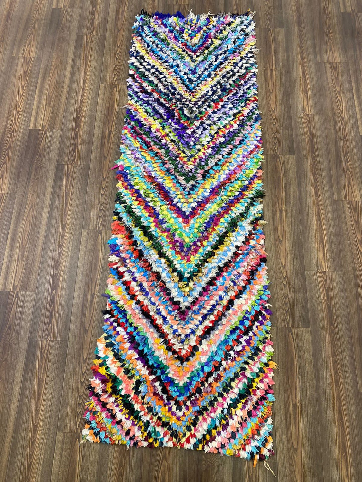Boucherouite Vintage colorful narrow runner Rugs, 3x9 Moroccan checker chevron Rug.