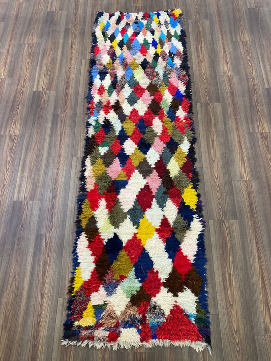 Boucherouite colorful Diamond runner Rug, 3x9 Vintage Moroccan runners Rug.