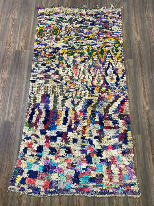 Vintage shag area rug, 5x8 Moroccan large Boucherouite Rug.