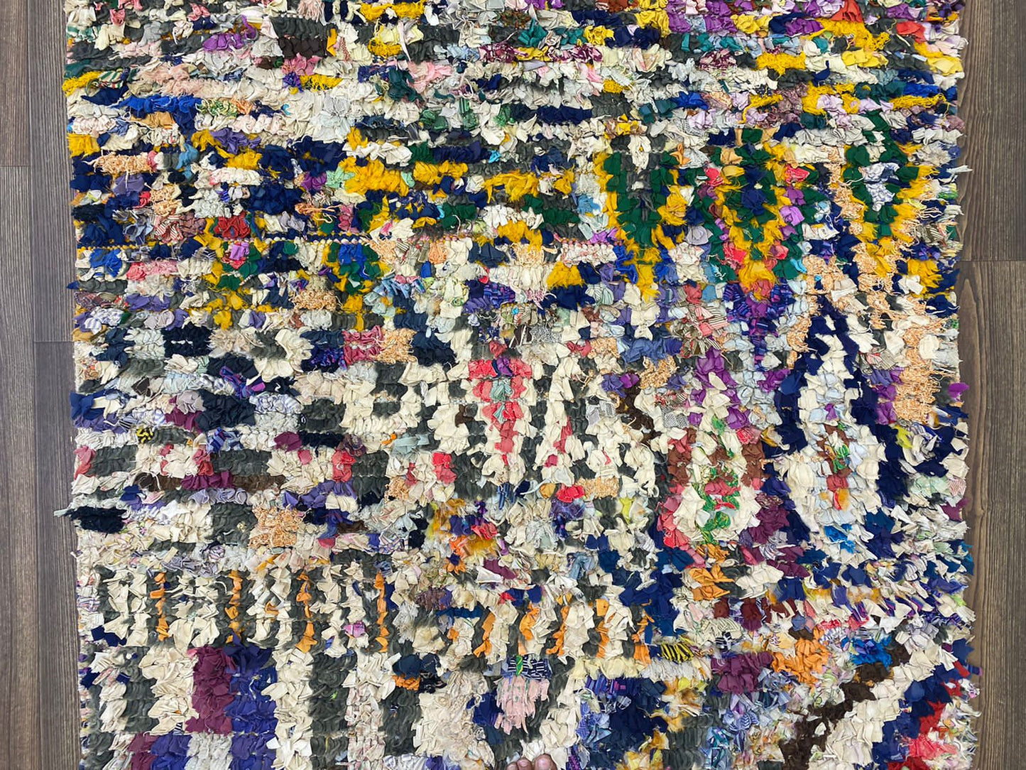 Vintage shag area rug, 5x8 Moroccan large Boucherouite Rug.