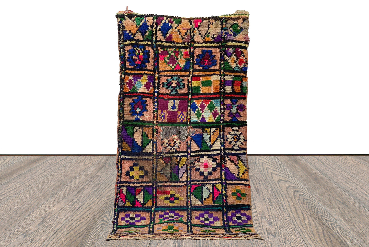 Morrocan Small vintage Grid Rug 3x6, Berber colorful area Rug.