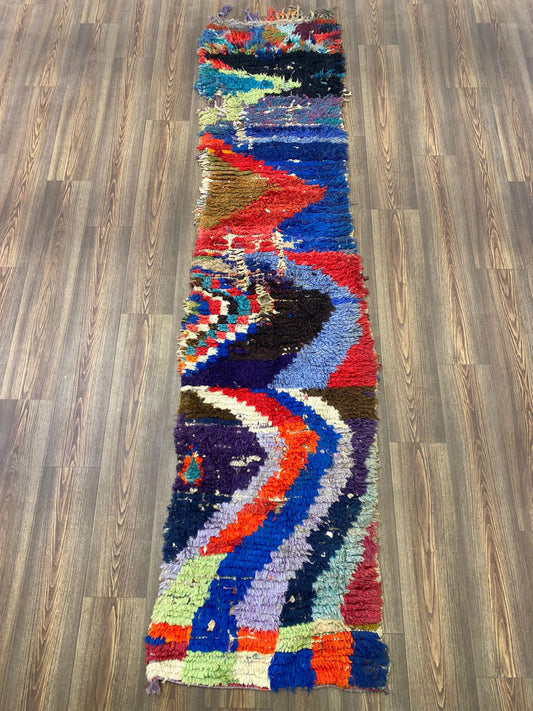 Tapis à chevrons étroit 2x10, tapis berbères marocains colorés anciens.