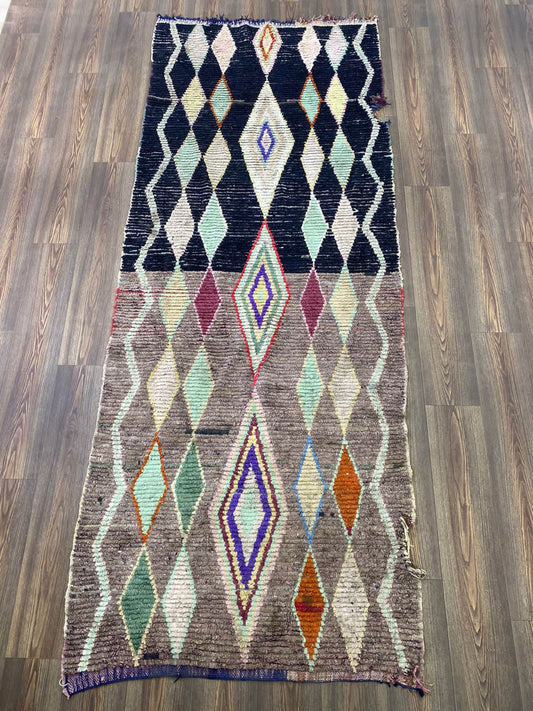 Tapis de couloir coloré Boucherouite Diamond 4x10, tapis vintage marocains.