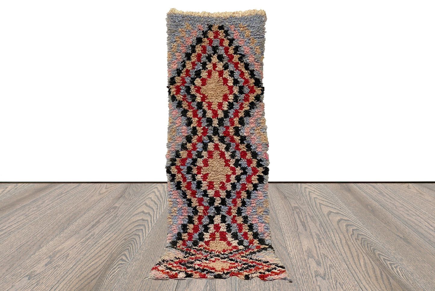 Moroccan Berber old narrow runner Rugs, 3x9 Boucherouite Checkered colorful Woven Rug.