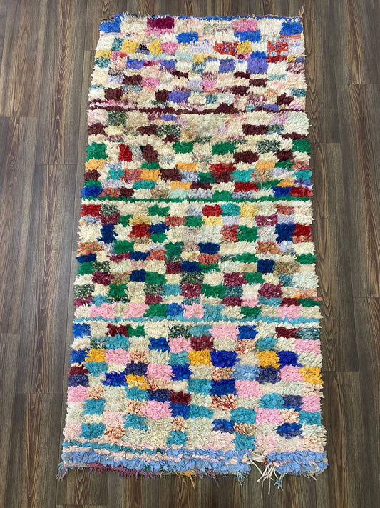 Tapis Boucherouite Vintage, tapis shag à carreaux tissé marocain 3x7.