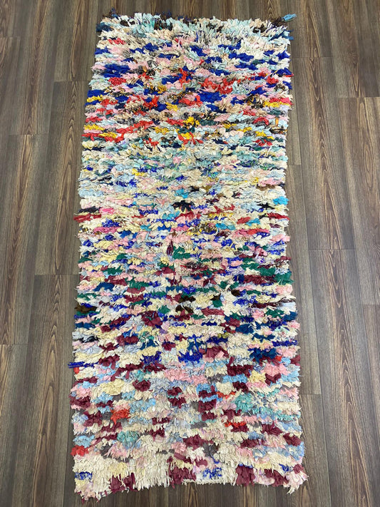 Boucherouite colorful Morrocan Berber runner Rug, Vintage Handwoven shag Rug 3x7.