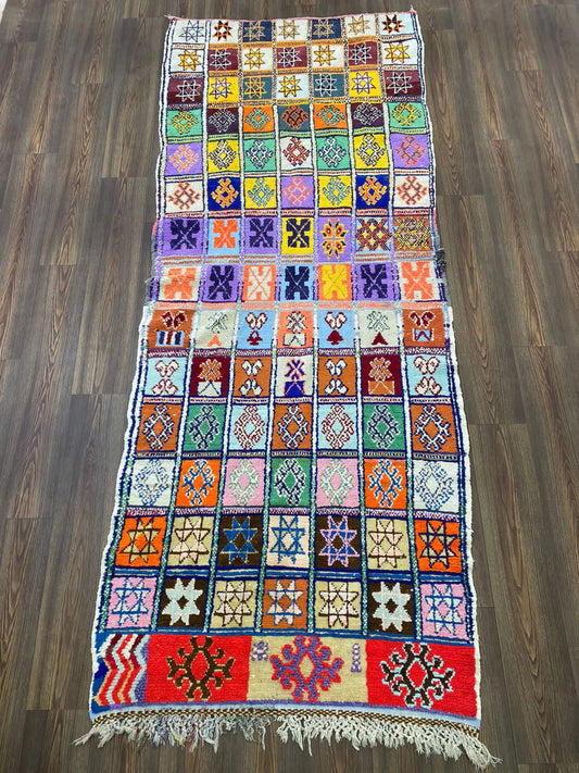 Tapis berbère à grille colorée 4x10, grand tapis de couloir marocain vintage.