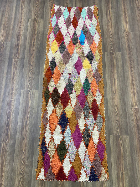 Tapis shag coloré Berber Diamond 2x7, tapis de couloir étroit vintage marocain Boucherouite.
