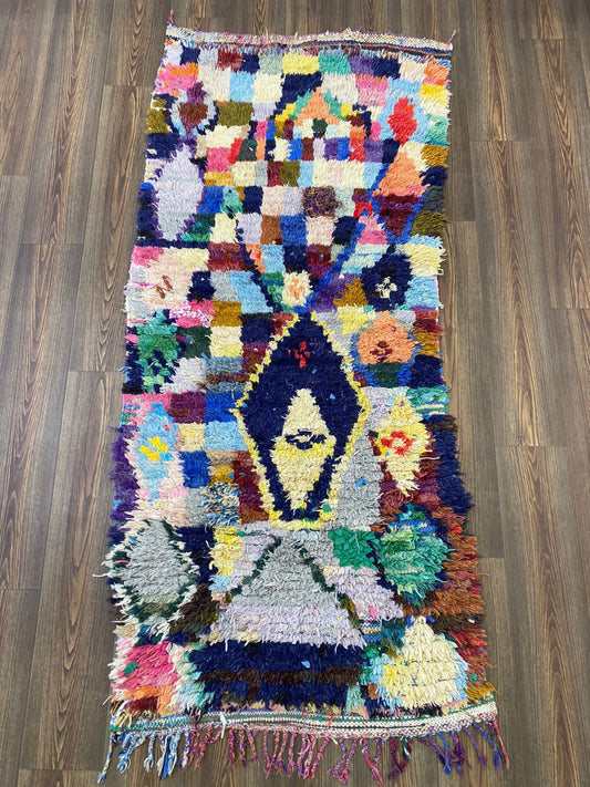 Tapis Boucherouite coloré 3x7. Tapis marocain abstrait vintage.