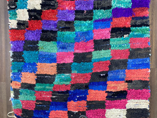 5x8 Checker Boucherouite Moroccan Vintage Rug.