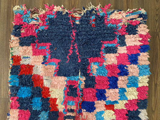 3x8 Checker Boucherouite Vintage Moroccan Vintage Rug.