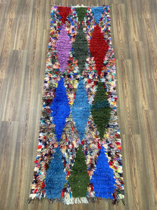 Tapis de couloir marocain coloré à losanges 3x9, tapis shag berbère vintage.