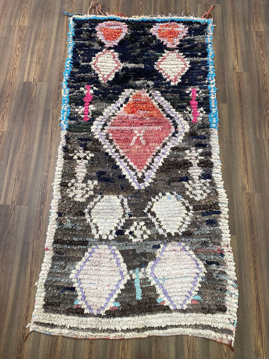 4x8 Moroccan Boucherouite Vintage large shag area Rug, Berber woven Rug.