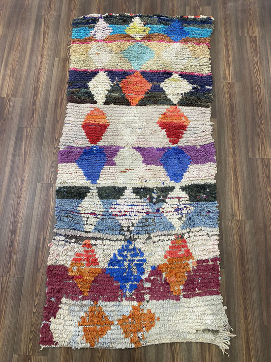3x8 Vintage Boucherouite colorful area Rugs, Moroccan Diamond Shag Rug.