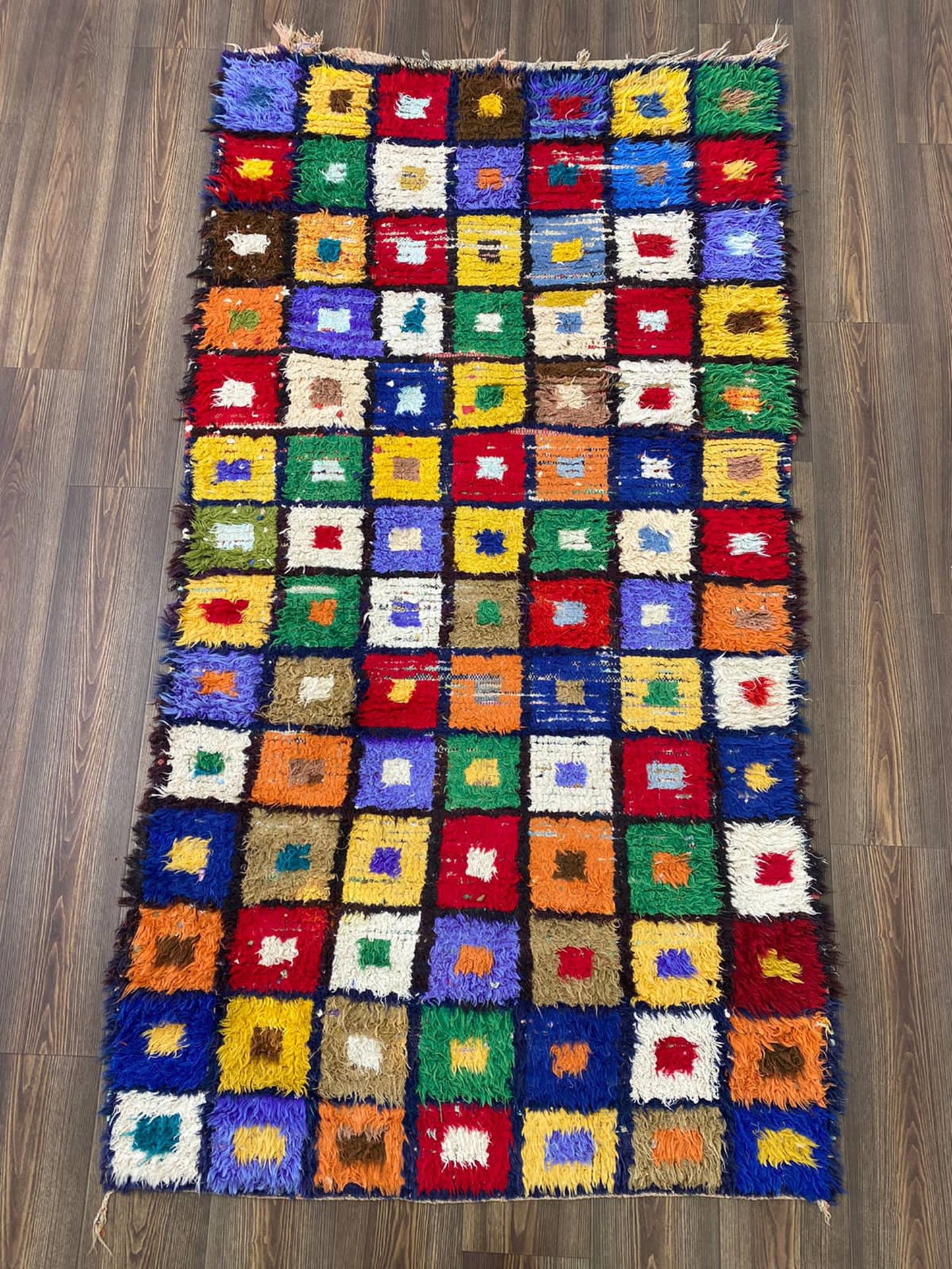 4x7 Tribal Handwoven vintage colorful Rug, Moroccan vintage grid area Rug.