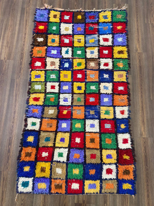 Tapis tribal tissé à la main vintage coloré 4x7, tapis marocain vintage en grille.
