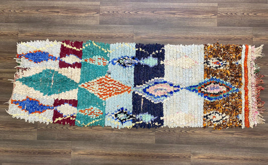Boucherouite diamond colorful Extra narrow Rug. Moroccan Berber old runner Rugs 2x7.