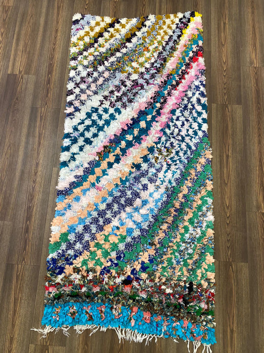 Boucherouite Vintage runner Rug, 3x7 Moroccan Berber hand woven Rugs.