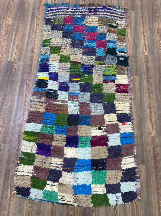 Grand tapis berbère vintage à carreaux. Tapis carrés colorés marocains 4x8.