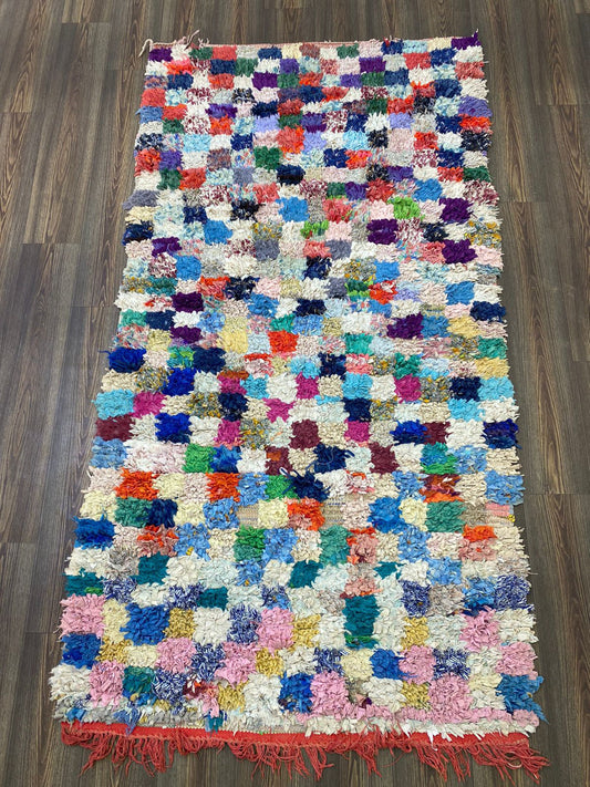 4x8 Moroccan Boucherouite colorful checkerboard vintage area rug.