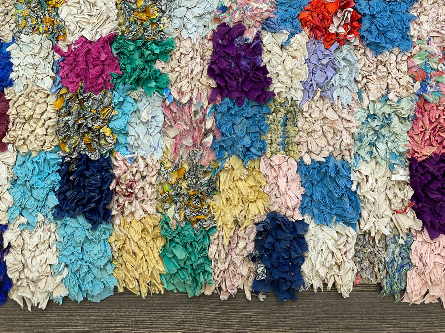 4x8 Moroccan Boucherouite colorful checkerboard vintage area rug.