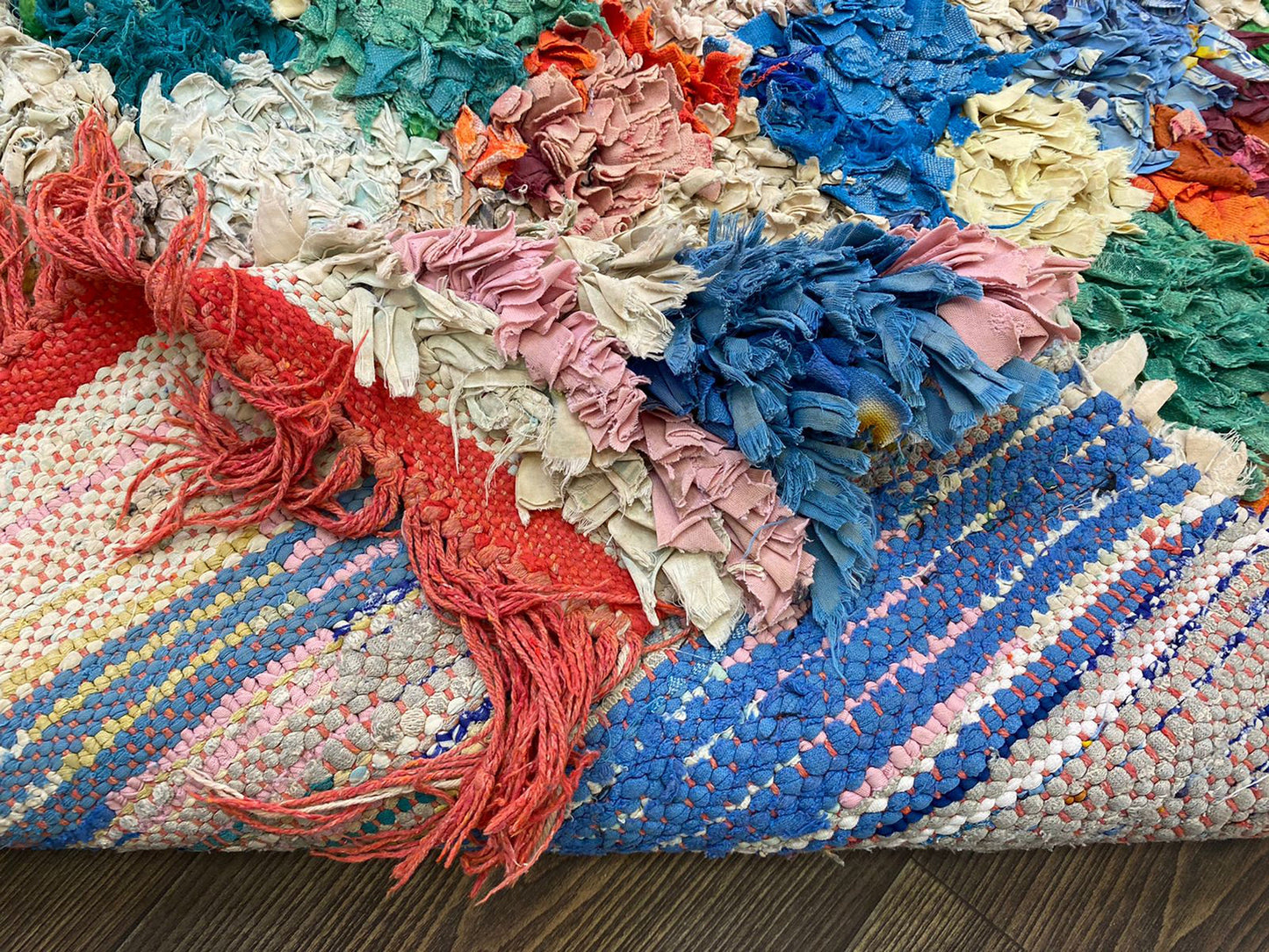 4x8 Moroccan Boucherouite colorful checkerboard vintage area rug.