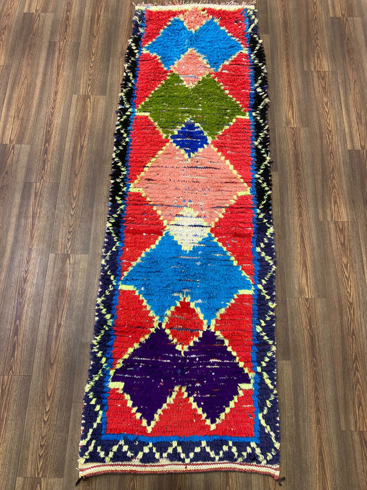Vintage narrow colored runner Rug, 3x9 Morrocan diamond Rugs.