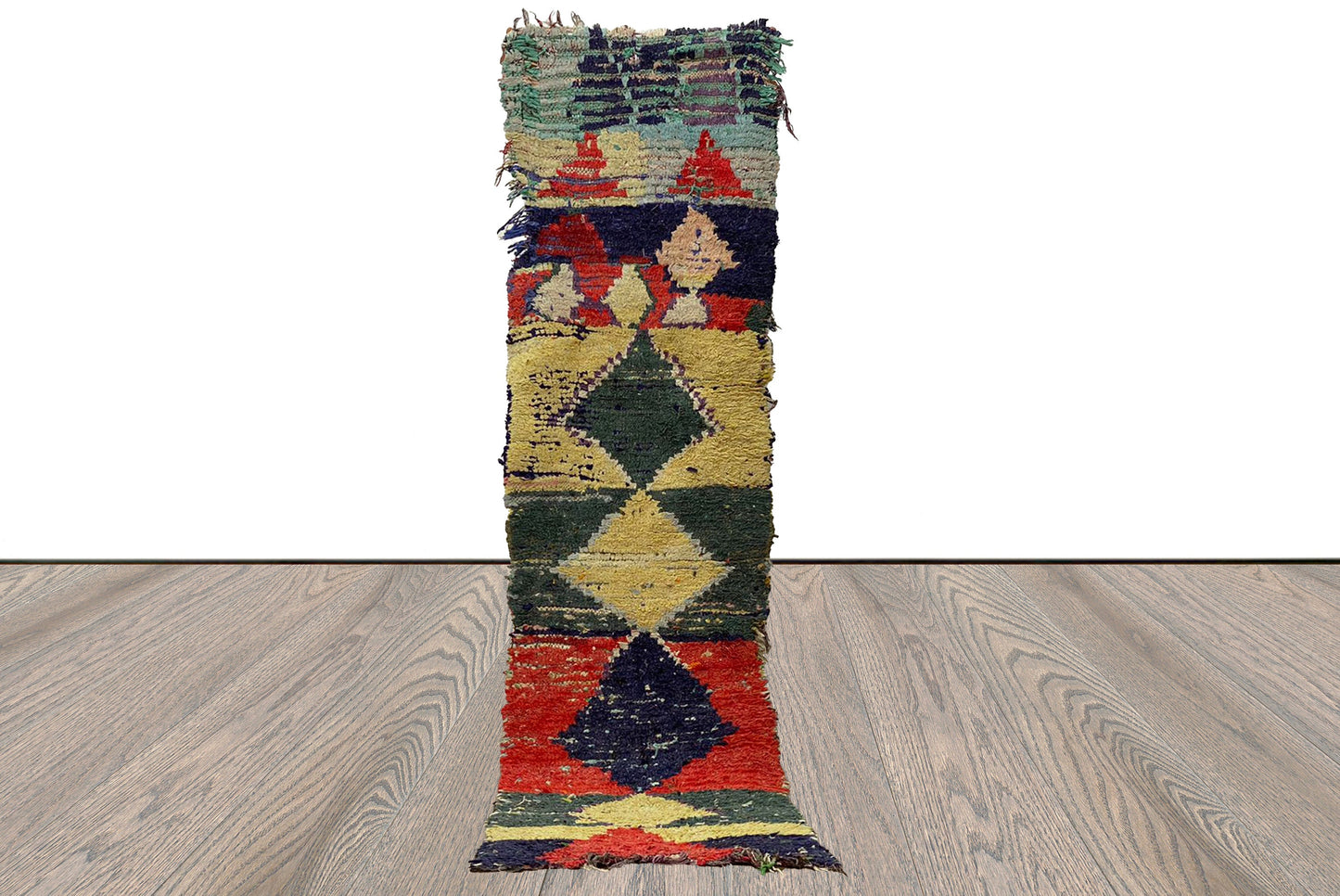 Vintage handwoven Moroccan Berber colorful narrow Runner Rug 2x7.