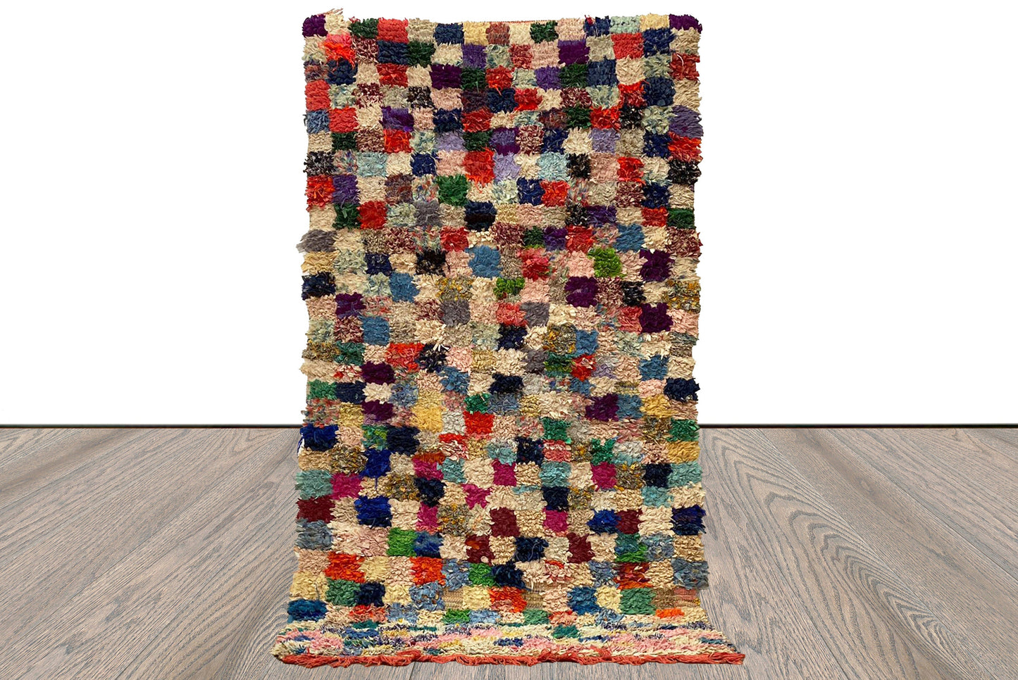 4x8 Moroccan Boucherouite colorful checkerboard vintage area rug.