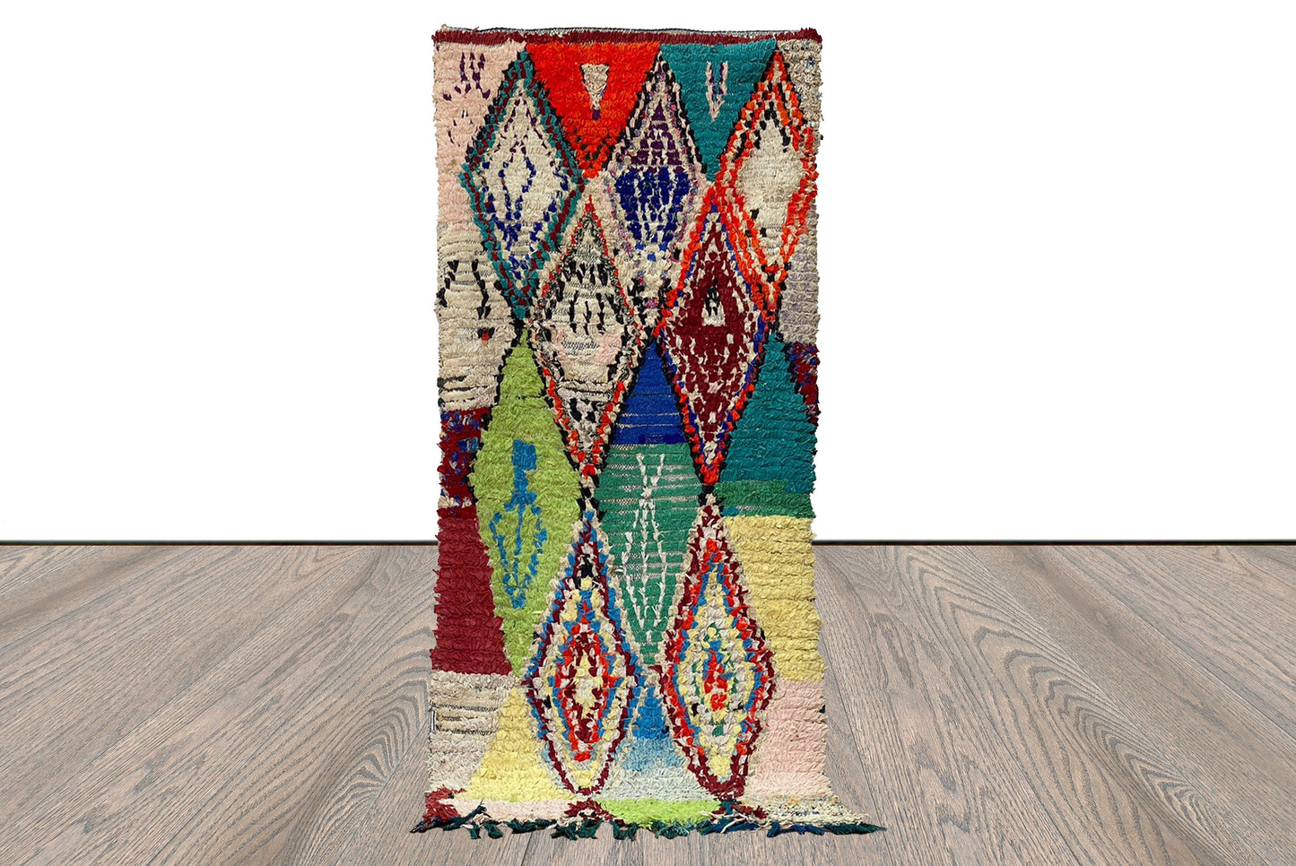 3x6 Vintage Berber Boucherouite Diamond Rugs. Colorful small runner Rug.