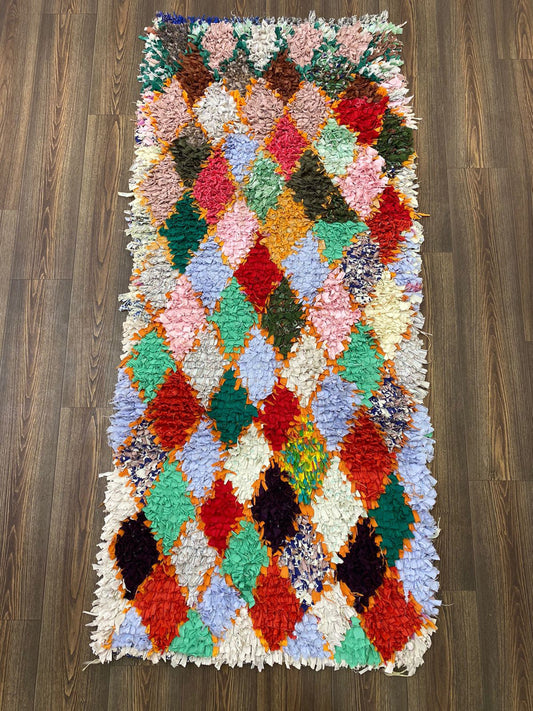 7x3 Moroccan Boucherouite colorful Diamond runner Rug.
