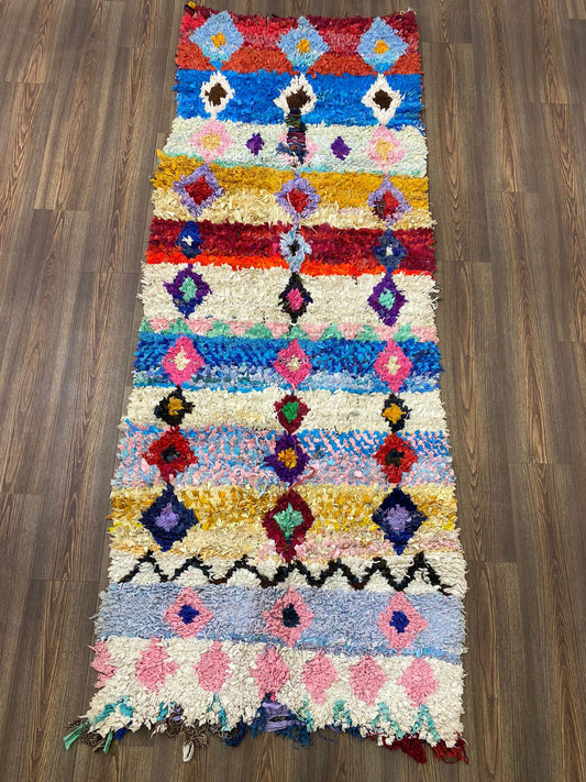 3x8 Diamond colorful runner Rug. Moroccan Berber Boucherouite Rug.