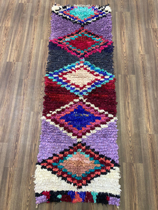 3x8 Diamond Moroccan Boucherouite Vintage narrow runner Rug.