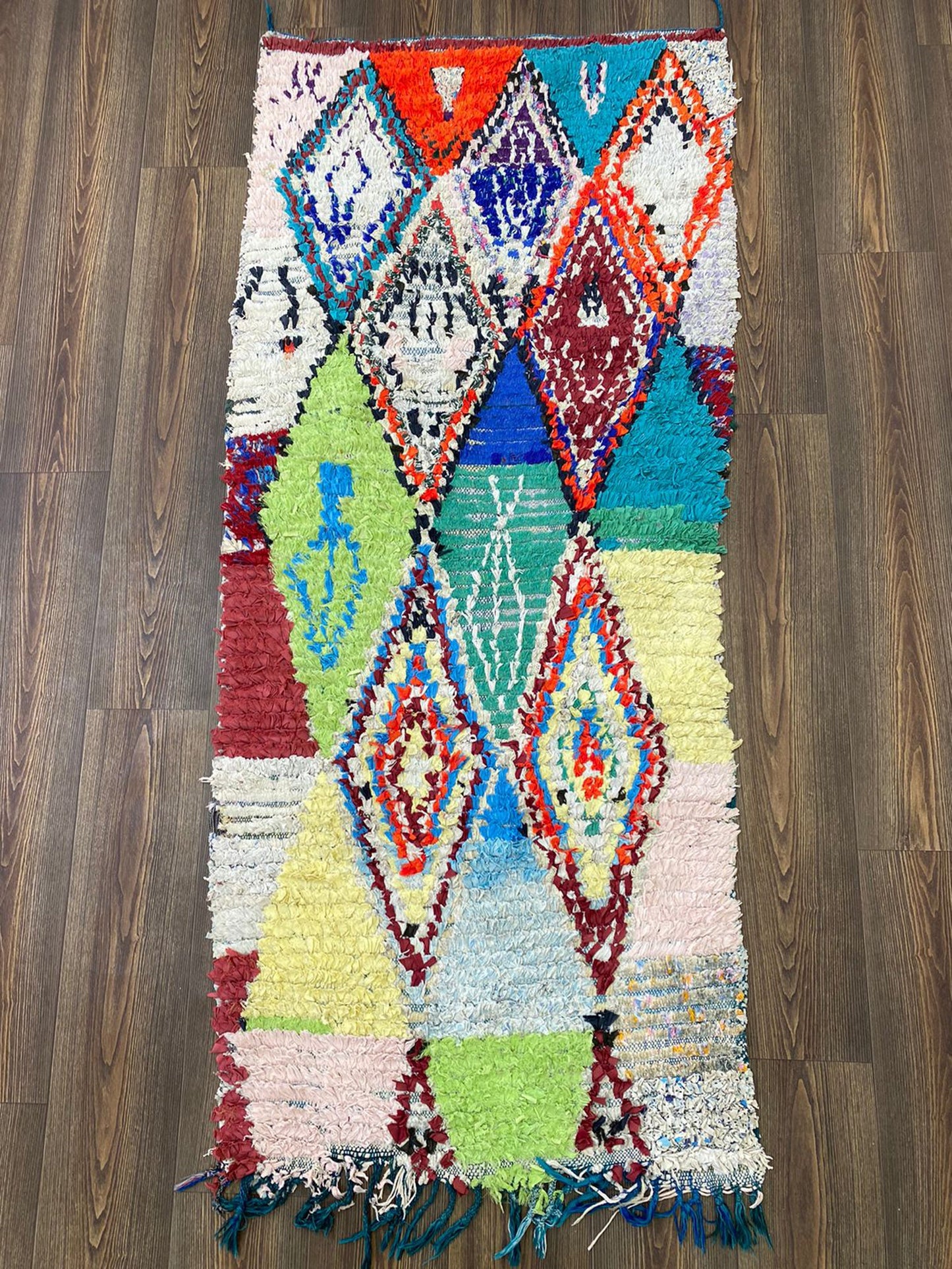 3x6 Vintage Berber Boucherouite Diamond Rugs. Colorful small runner Rug.