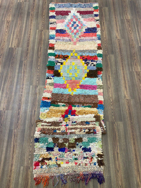 Berber shag runner Moroccan Rugs, 2x10 Boucherouite Vintage narrow Rug.