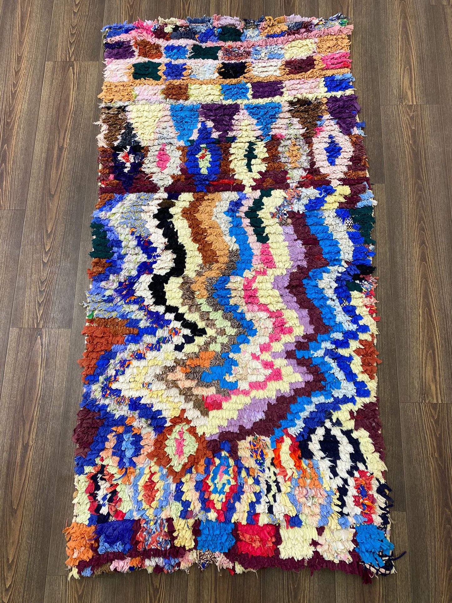 Boucherouite vintage Moroccan Berber colorful Rugs. 3 By 6 Bohemian Chevron unique Handwoven narrow Small runner Rug.