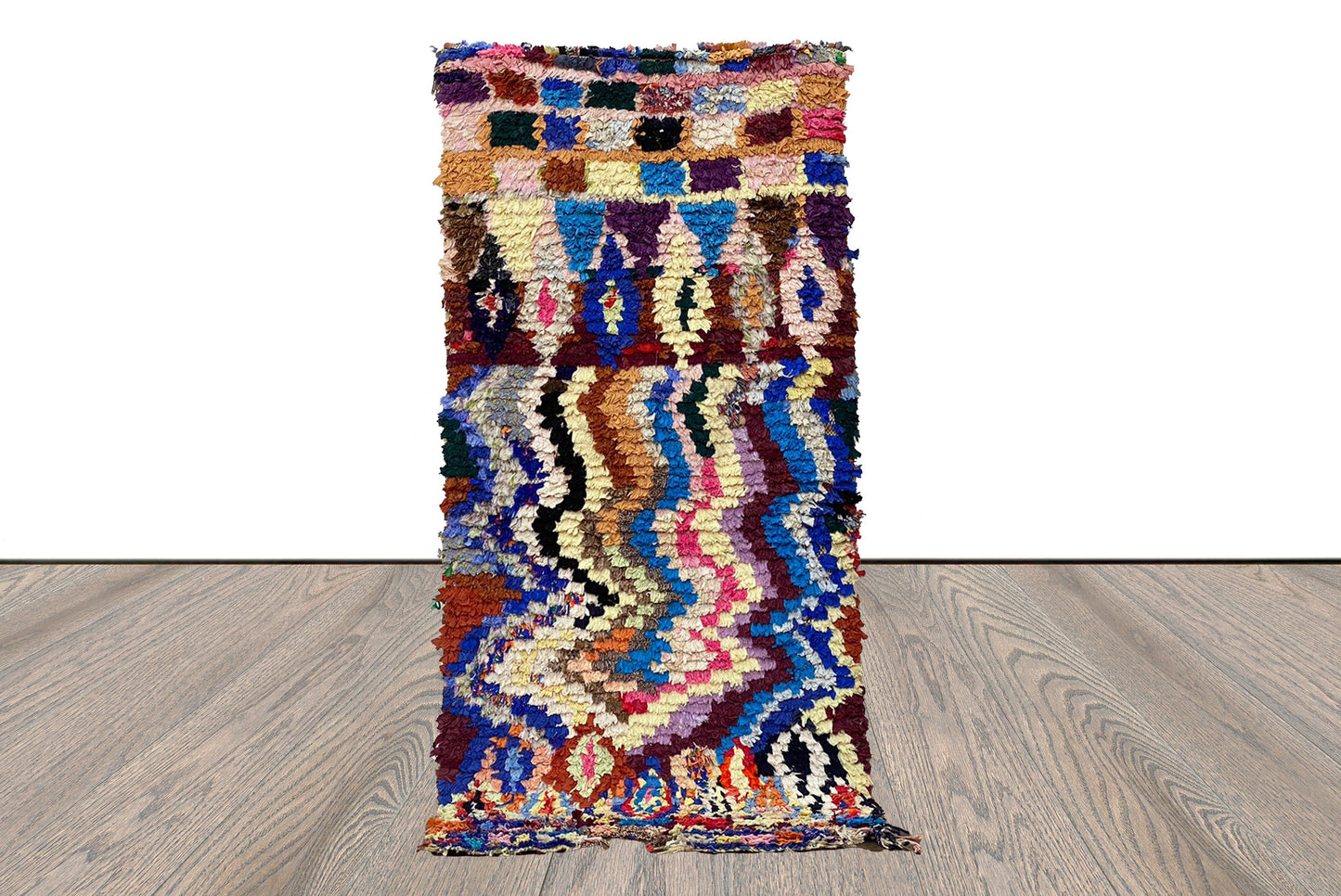 Boucherouite vintage Moroccan Berber colorful Rugs. 3 By 6 Bohemian Chevron unique Handwoven narrow Small runner Rug.