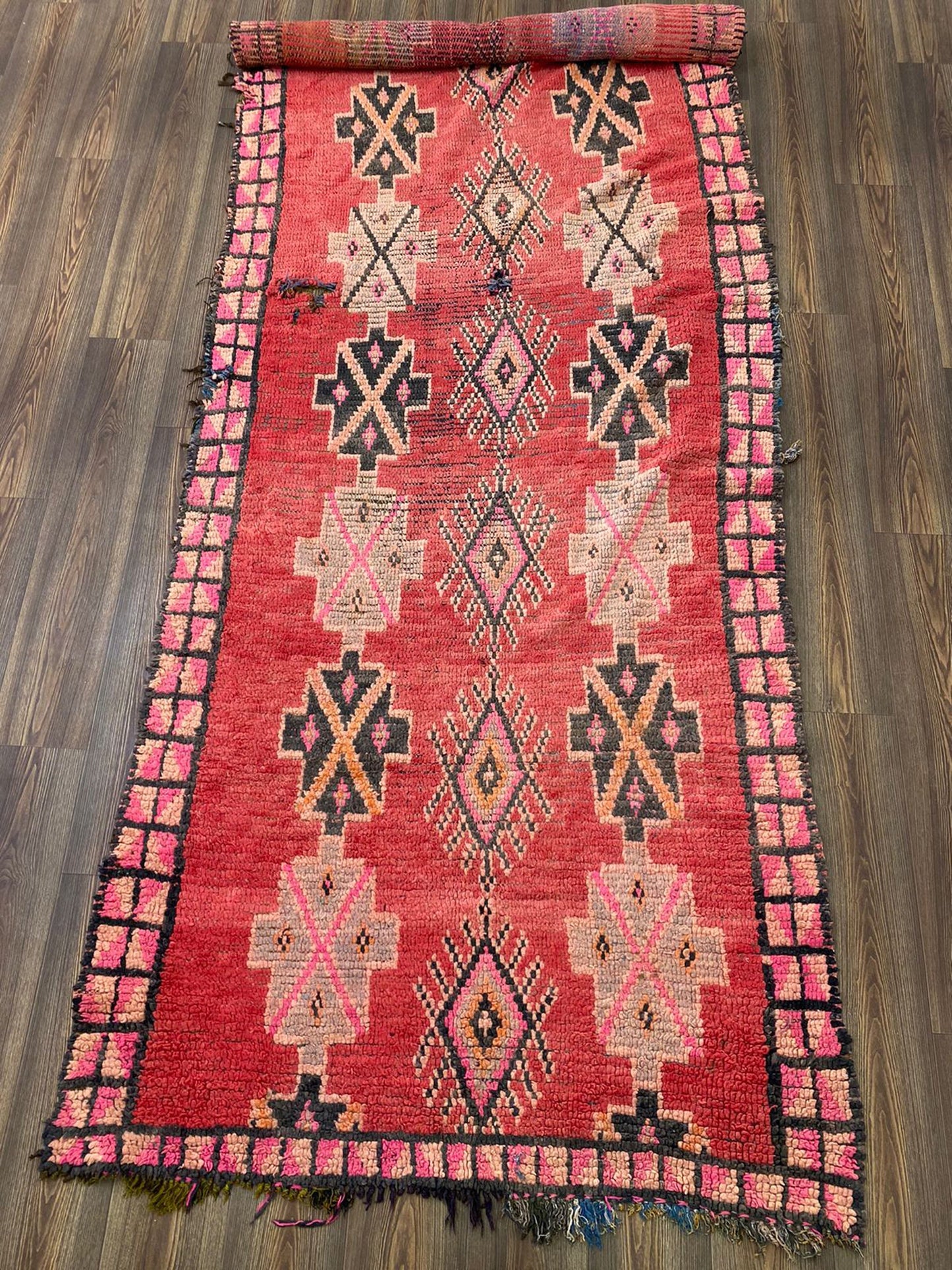 Vintage red Rugs, 4x12 Moroccan Berber area Rug.
