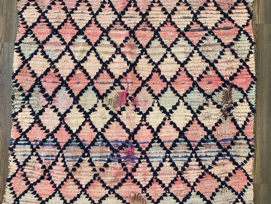 Vintage grid pink Rugs, 5x8 Moroccan Berber area Rug.