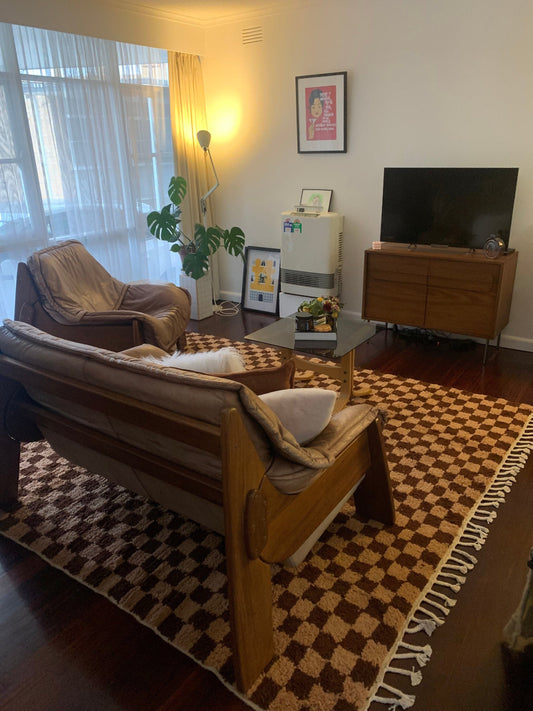 Tapis berbère marocain en laine fait main - tapis à carreaux marron et crème