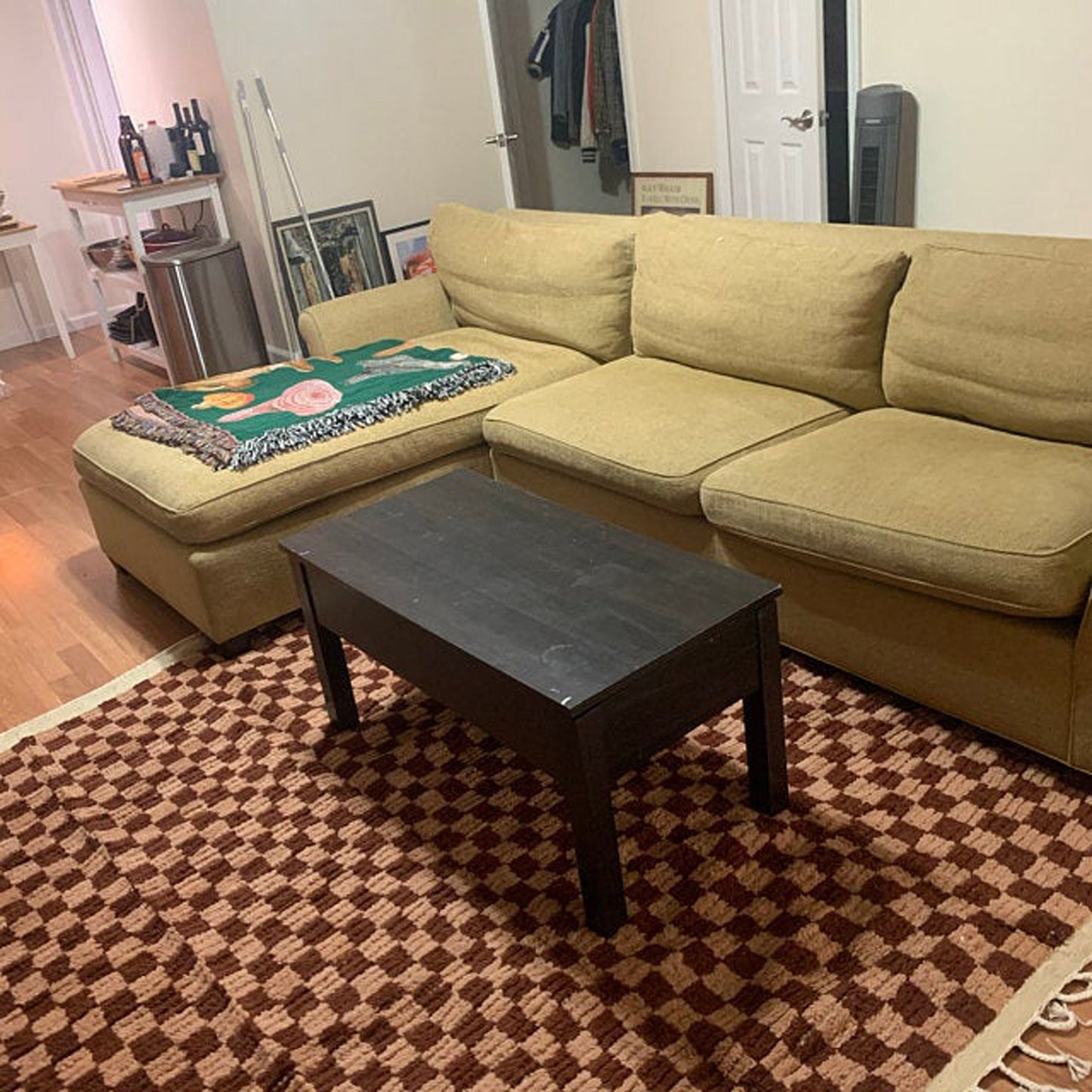Handmade moroccan berber wool rug - brown and cream checkered pattern rugs