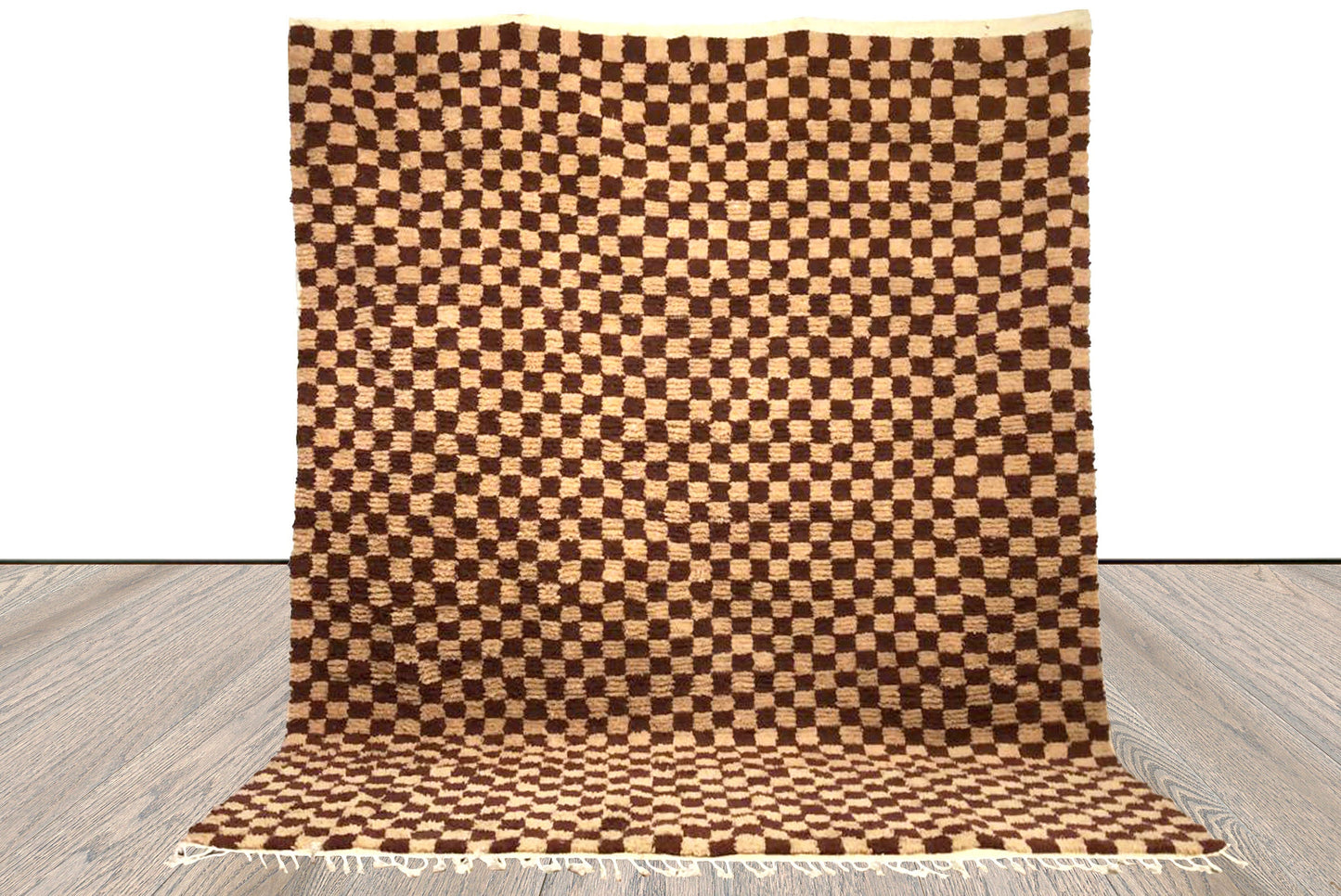 Handmade moroccan berber wool rug - brown and cream checkered pattern rugs