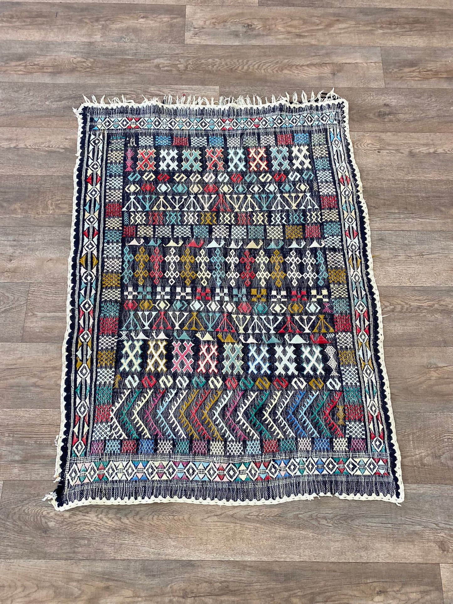 Moroccan small flat weave vintage 3x4 rug.