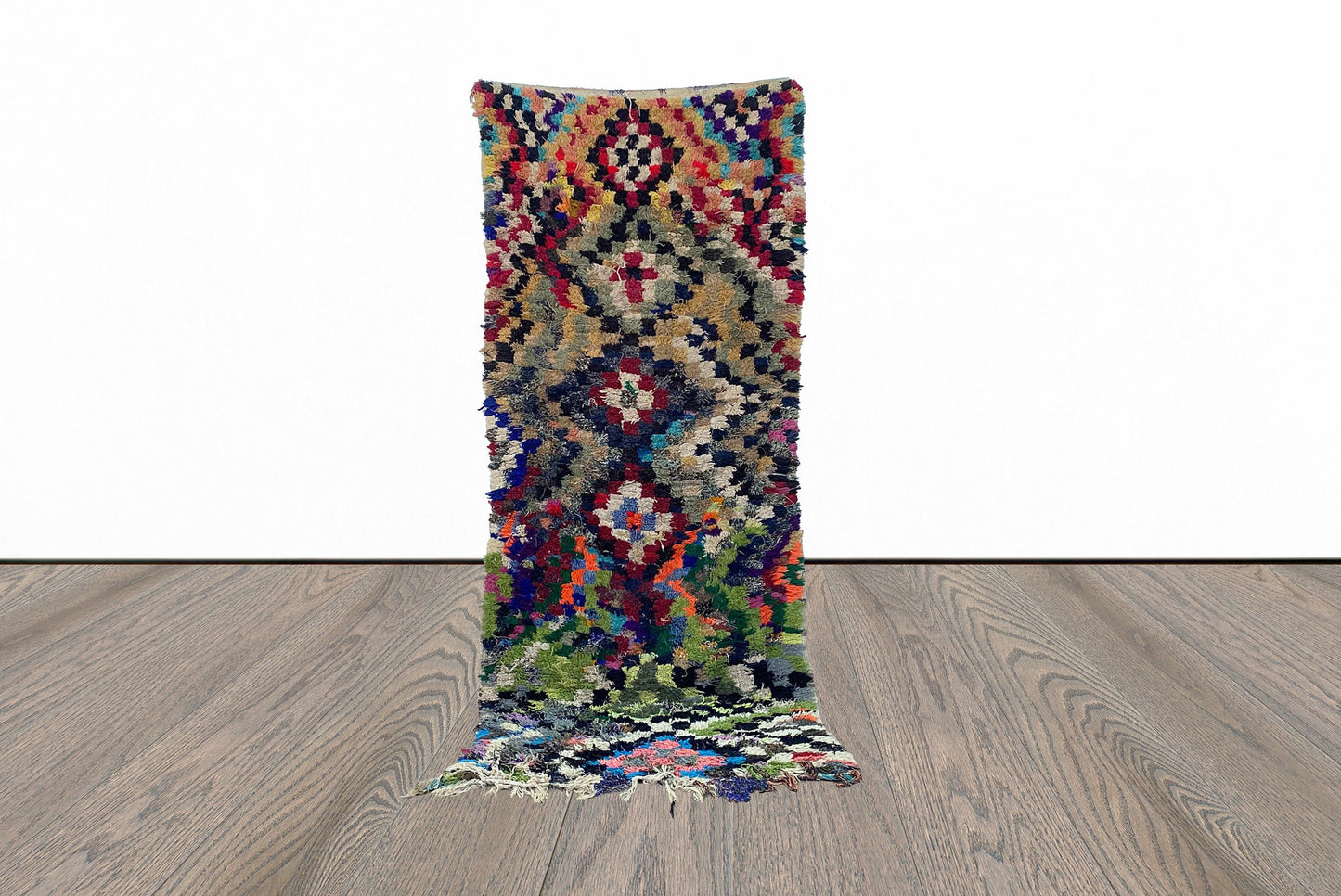 Moroccan narrow checkered 3x8.5 runner rug.