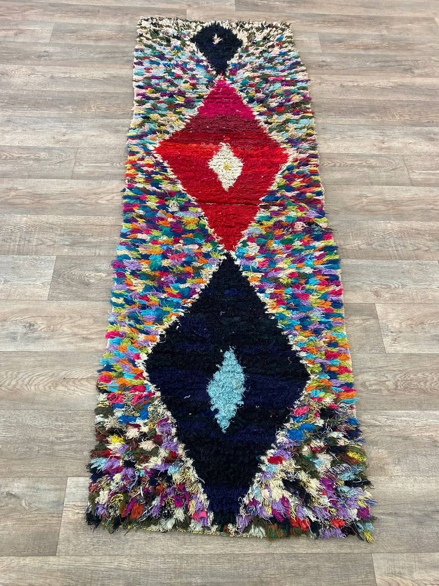 Multi color Moroccan diamond 3x8.5 runner rug.