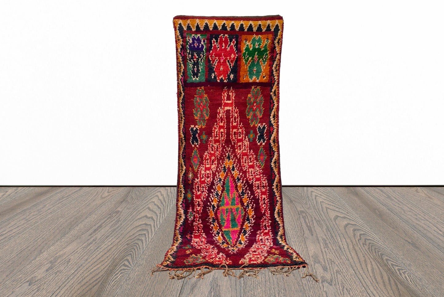 Moroccan narrow abstract 3x8 runner rug.