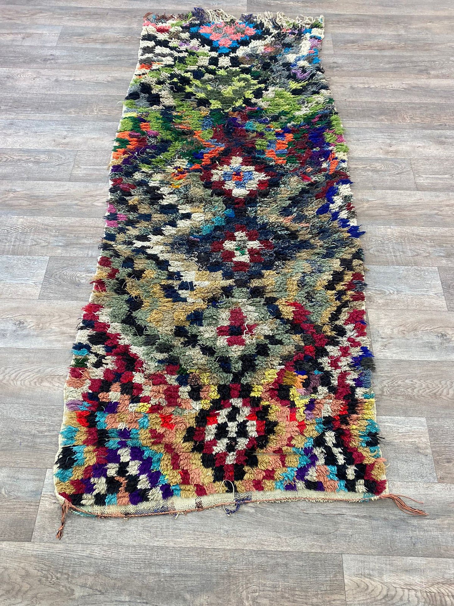 Moroccan narrow checkered 3x8.5 runner rug.