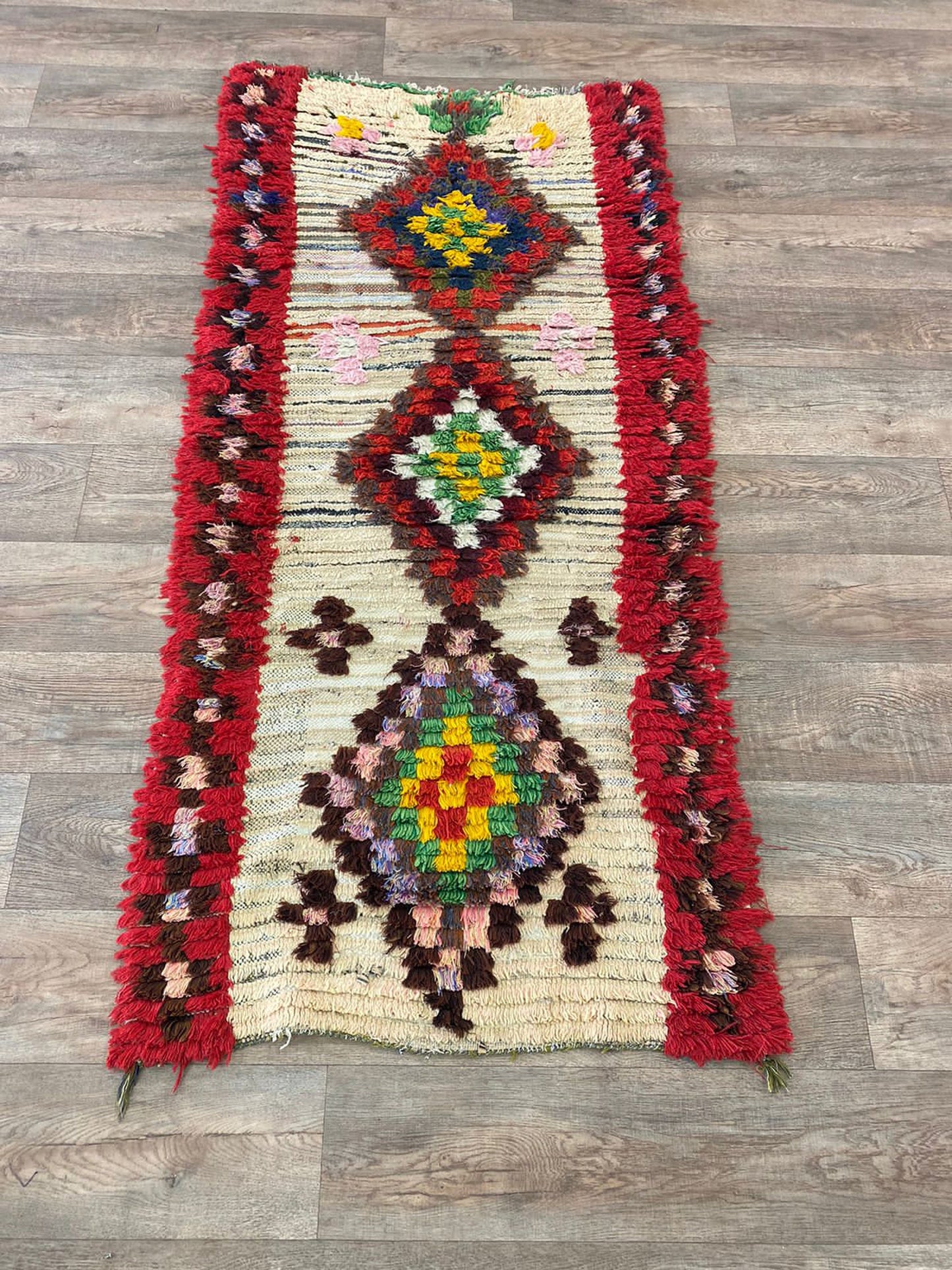 Colorful vintage diamond 3x6 runner rug.