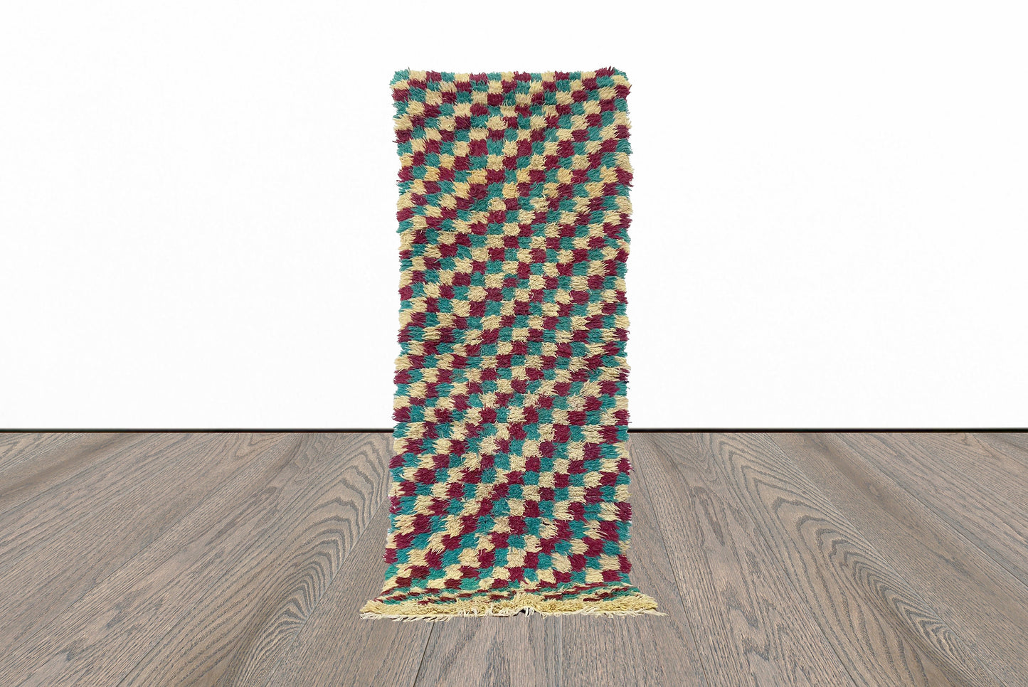 Narrow entryway checkered 3x7 runner rug.
