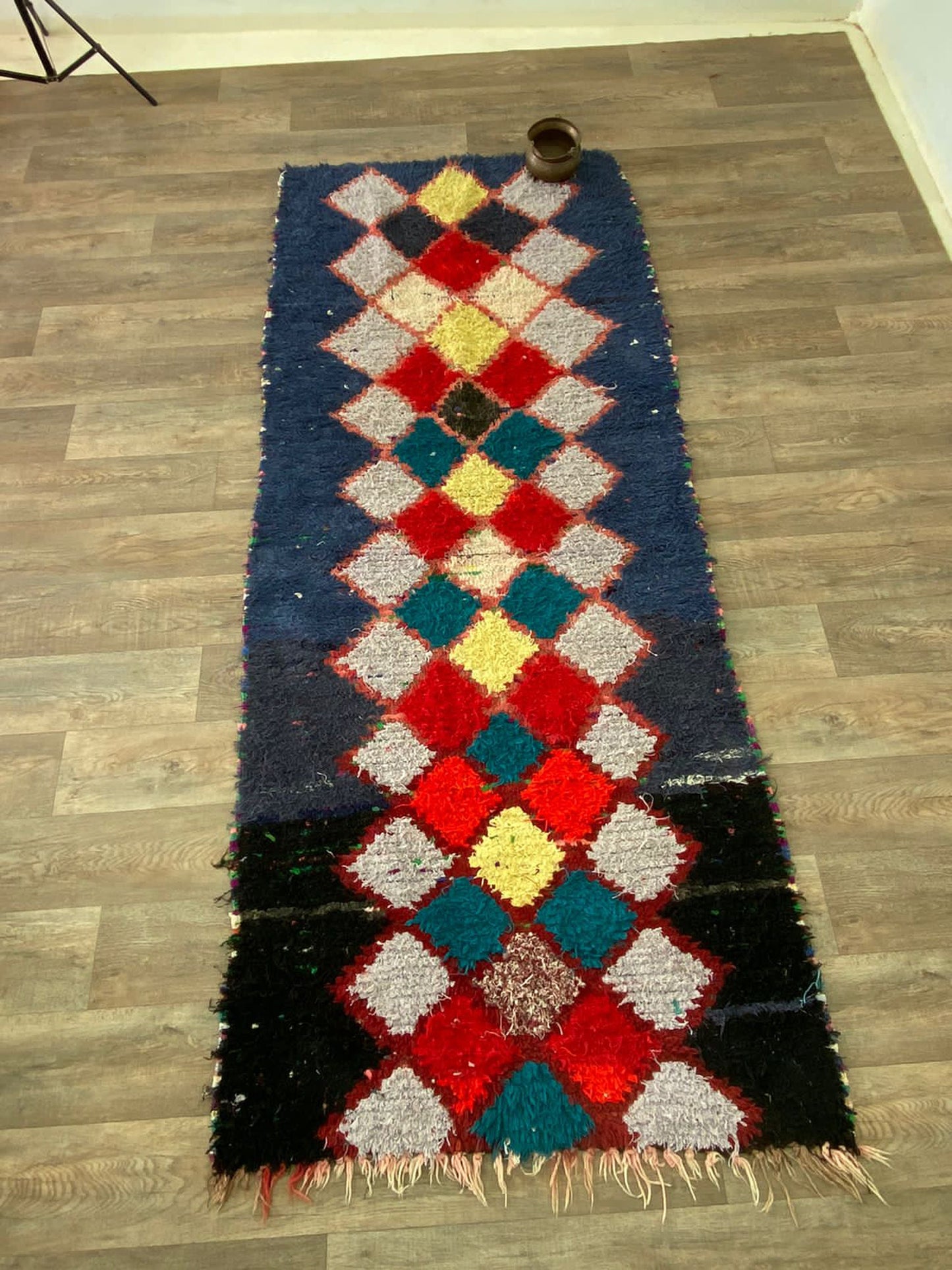 Narrow Moroccan diamond 4x9.5 runner rug.